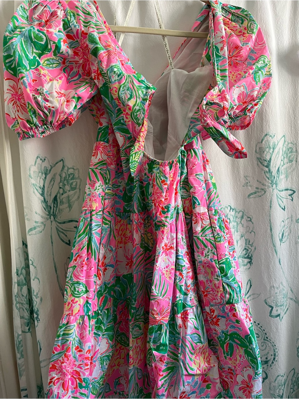 Lilly Pulitzer Pink Green Floral V-Neck Tiered Mini Dress - Picture 8 of 15
